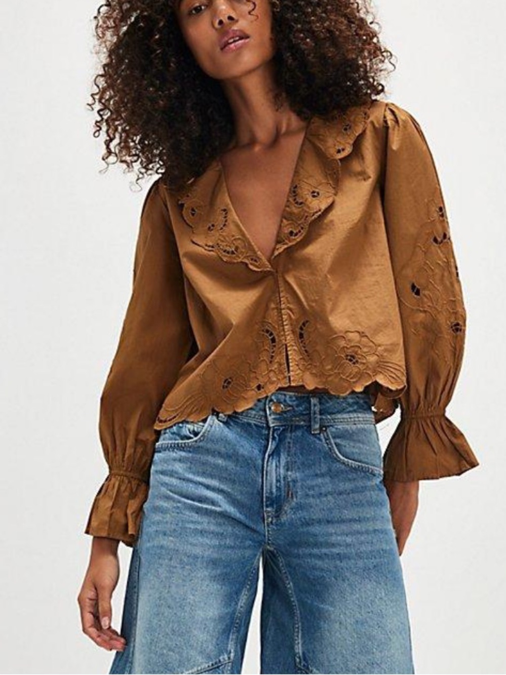 Free People Brown Ruffled Collar Cutwork Blouse
